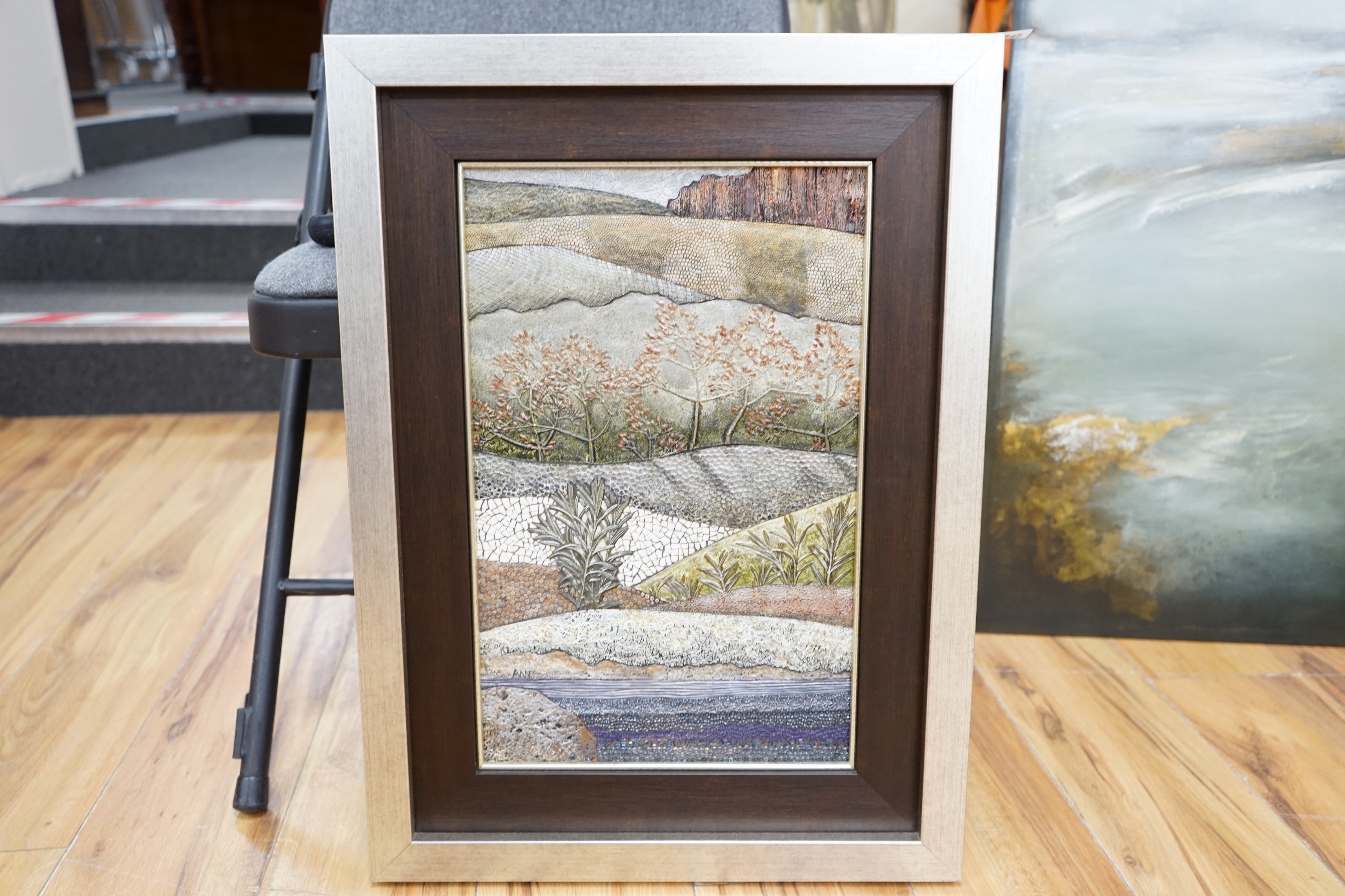 Anne Raubenheimer (contemporary, South African), mixed media and collage plaque, Rosemary Stream, signed, 43 x 26cm
